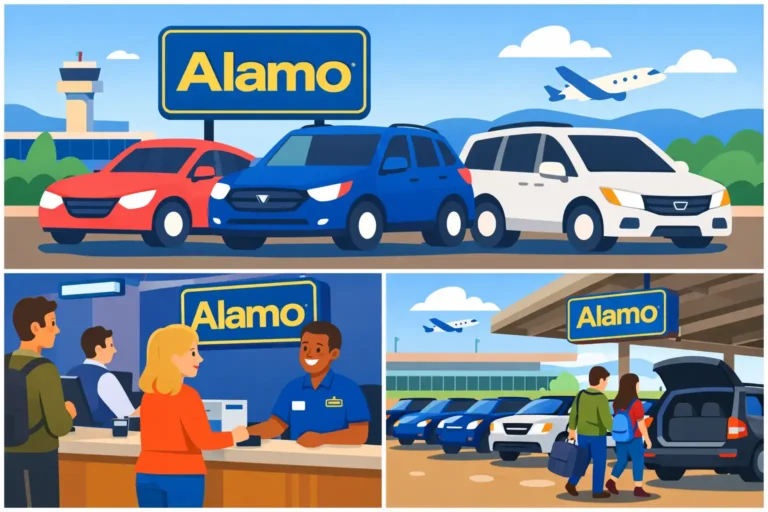 Alamo rental car fleet including sedans SUVs and vans at airport location