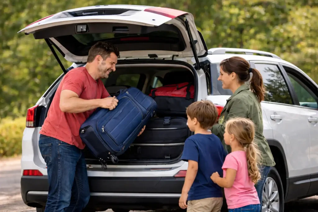 Family loading luggage into rental SUV before road trip