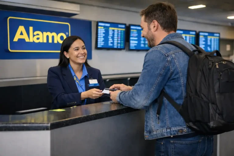 Traveler picking up rental car at airport counter